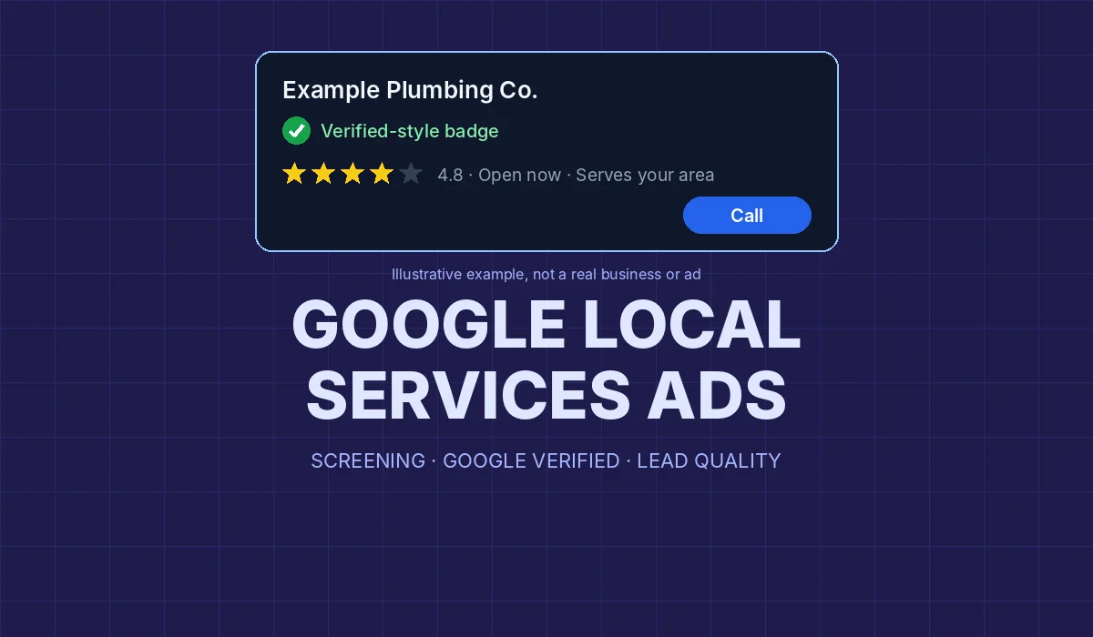 Google Local Services Ads for Home Service Businesses: Screening, the Google Verified Badge and Lead Quality Illustrative cover showing a Local Services ad card with a Google Verified-style check mark, a star rating and a call button, next to the headline Google Local Services Ads