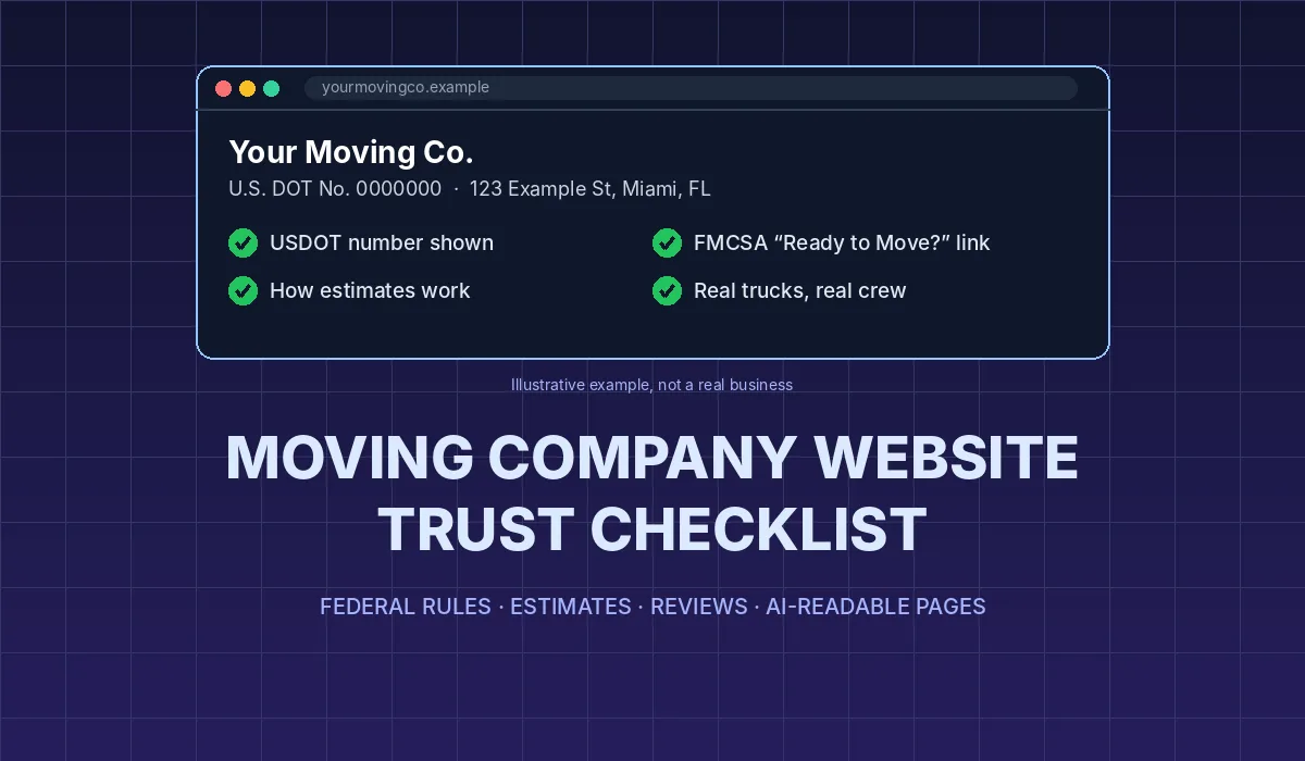 What a Moving Company Website Needs Before Customers (and AI Tools) Trust It Illustrative cover showing a moving company web page with a USDOT number, a street address, an estimate section and four green check marks