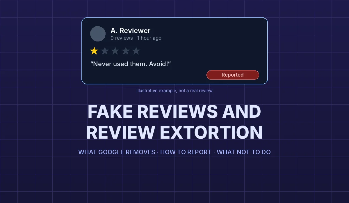 Fake Google Reviews and Review Extortion: What Google Removes and How to Report It Illustrative cover showing a Google-style review card with a one-star rating marked as reported, next to the headline Fake reviews and review extortion